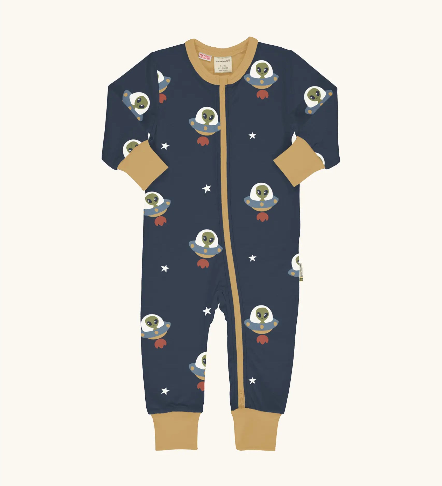 Maxomorra organic cotton zipped babygrow with ufo. Blue background repeat print featuring ufo's with green aliens and white stars with yellow arm cuffs, binding on the neck and zip. 