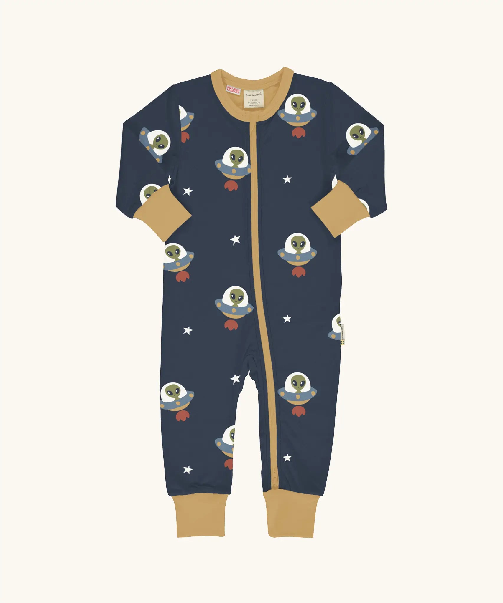 Maxomorra organic cotton zipped babygrow with ufo. Blue background repeat print featuring ufo's with green aliens and white stars with yellow arm cuffs, binding on the neck and zip. 