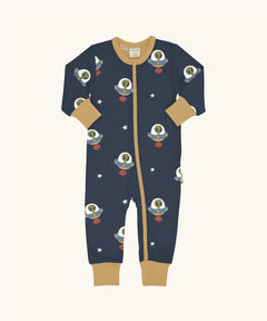 Maxomorra organic cotton zipped babygrow with ufo. Blue background repeat print featuring ufo's with green aliens and white stars with yellow arm cuffs, binding on the neck and zip. 