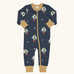 Maxomorra organic cotton zipped babygrow with ufo. Blue background repeat print featuring ufo's with green aliens and white stars with yellow arm cuffs, binding on the neck and zip. 