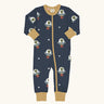 Maxomorra organic cotton zipped babygrow with ufo. Blue background repeat print featuring ufo's with green aliens and white stars with yellow arm cuffs, binding on the neck and zip. 