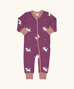 Maxomorra organic cotton zipped babygrow with unicorns. Purple background with repeat print featuring unicorns with multi coloured manes and yellow stars with pink arm cuffs, binding on the neck and zip.
