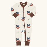 Maxomorra organic cotton zip babygrow with all over viking print. Light cream background with bearded viking wearing a hat and blue dagger sword outlines.