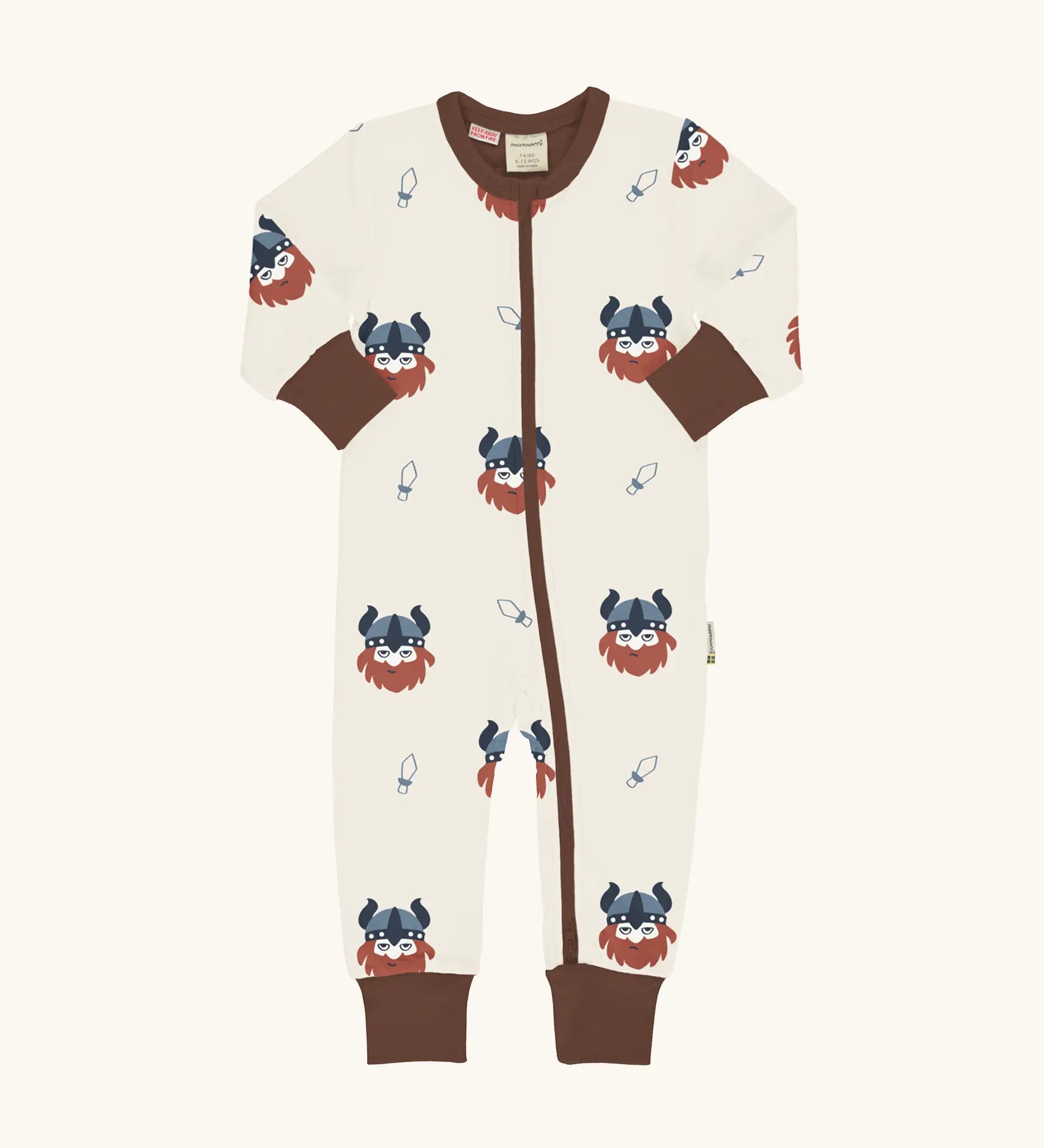 Maxomorra organic cotton zip babygrow with all over viking print. Light cream background with bearded viking wearing a hat and blue dagger sword outlines.
