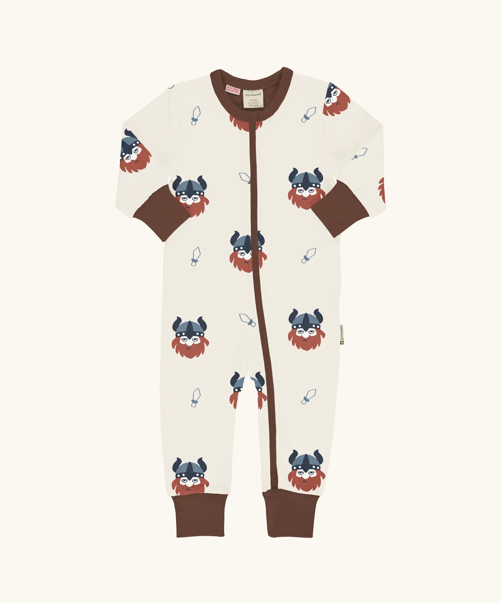 Maxomorra organic cotton zip babygrow with all over viking print. Light cream background with bearded viking wearing a hat and blue dagger sword outlines.