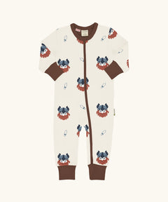 Maxomorra organic cotton zip babygrow with all over viking print. Light cream background with bearded viking wearing a hat and blue dagger sword outlines.