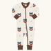 Maxomorra organic cotton zip babygrow with all over viking print. Light cream background with bearded viking wearing a hat and blue dagger sword outlines.
