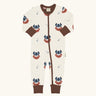 Maxomorra organic cotton zip babygrow with all over viking print. Light cream background with bearded viking wearing a hat and blue dagger sword outlines.