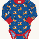 Maxomorra Reindeer Long Sleeve Bodysuit baby vest on a plain background. 