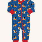 Maxomorra Reindeer Long Sleeve zip baby Rompersuit on a pain background.