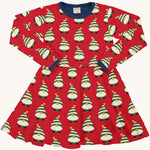 Maxomorra long sleeve circle dress in Swedish Santa design, with small Swedish Santa images on red fabric and navy blue trim on the collar and wrists