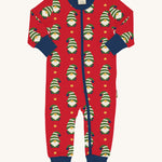 Maxomorra Swedish Santa festive long sleeved zipped rompersuit on  plain background. 