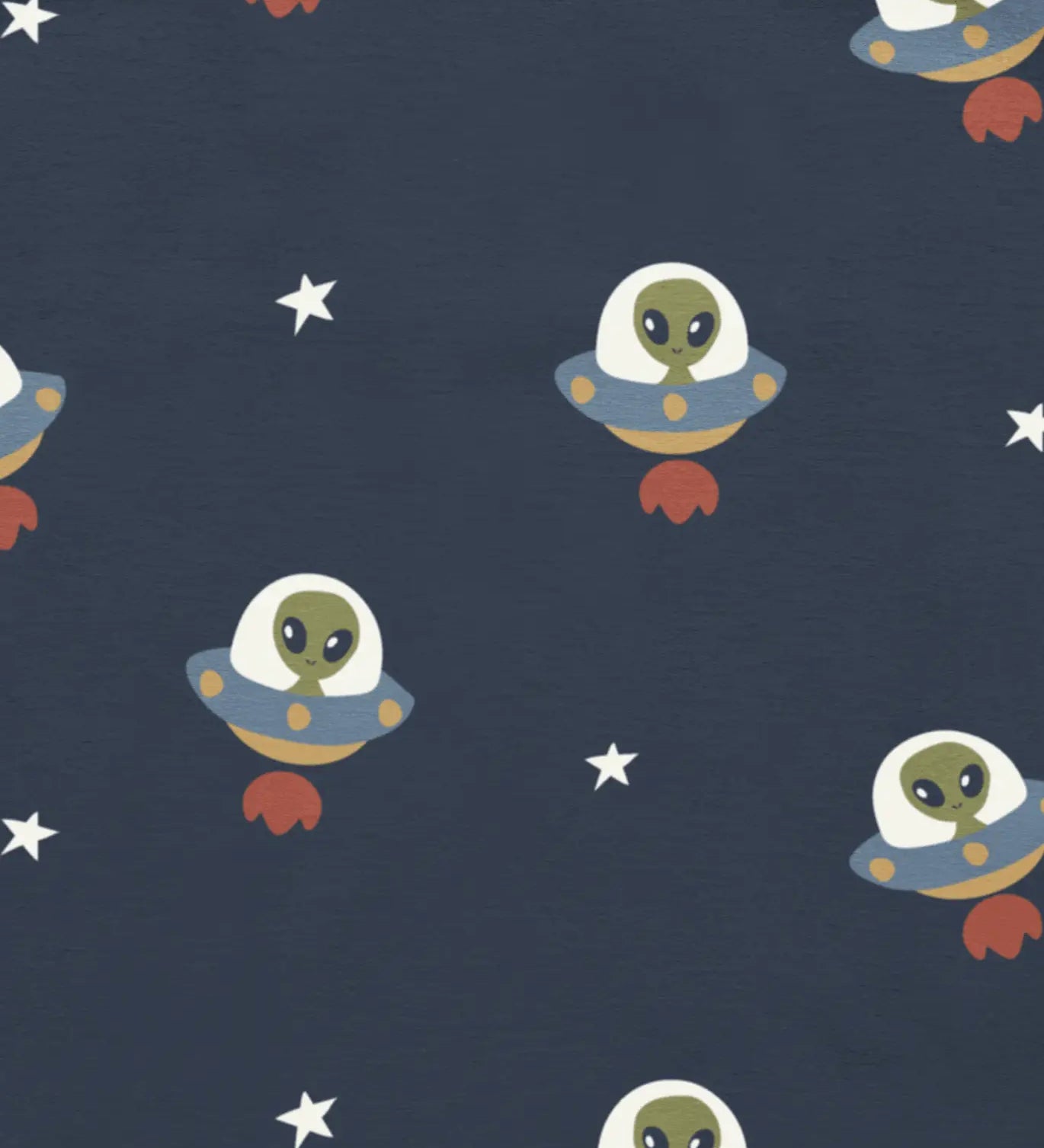 Maxomorra UFO print on organic cotton. Blue background with all over repeat print featuring green alien in a UFO with white stars.