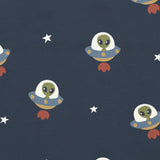 Maxomorra UFO print on organic cotton. Blue background with all over repeat print featuring green alien in a UFO with white stars.