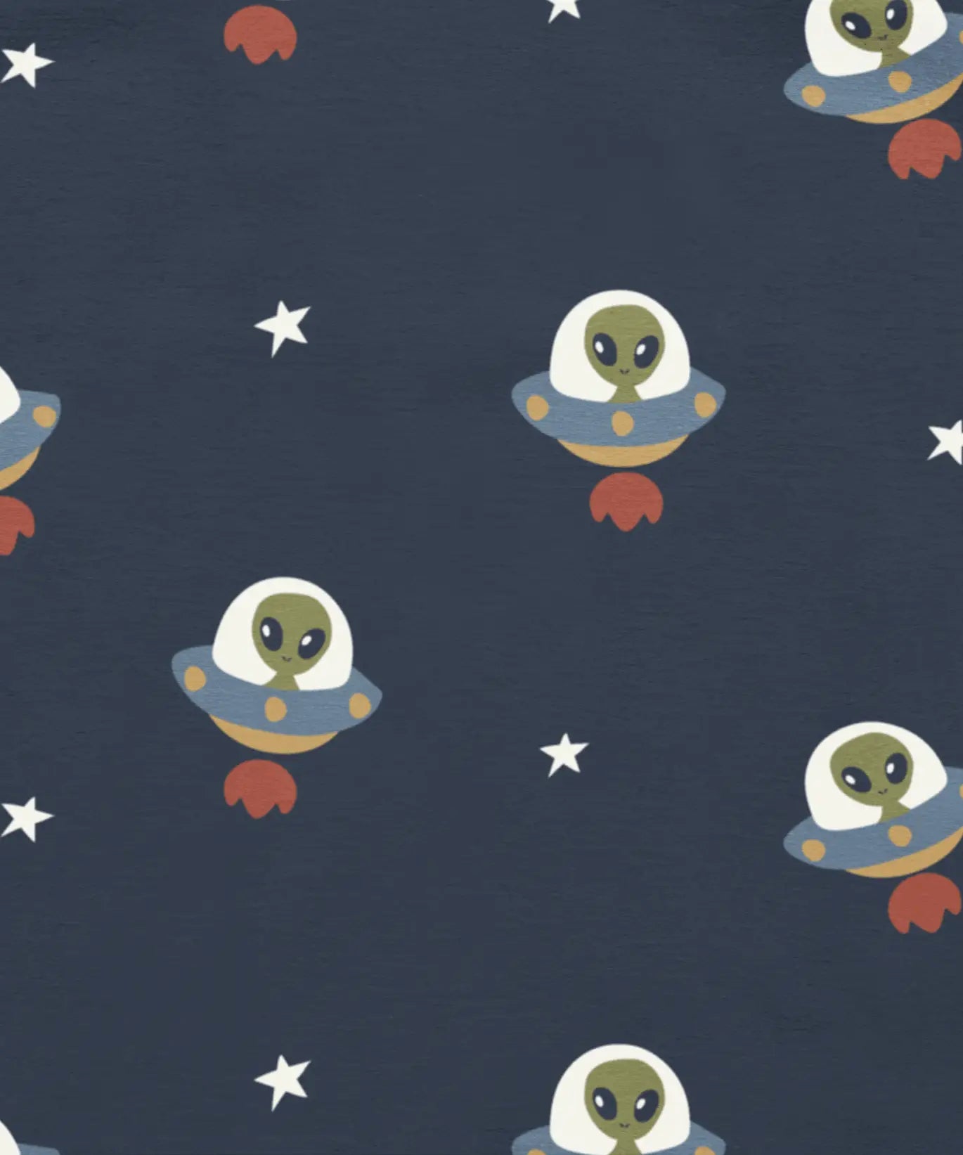Maxomorra UFO print on organic cotton. Blue background with all over repeat print featuring green alien in a UFO with white stars.