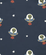 Maxomorra UFO print on organic cotton. Blue background with all over repeat print featuring green alien in a UFO with white stars.