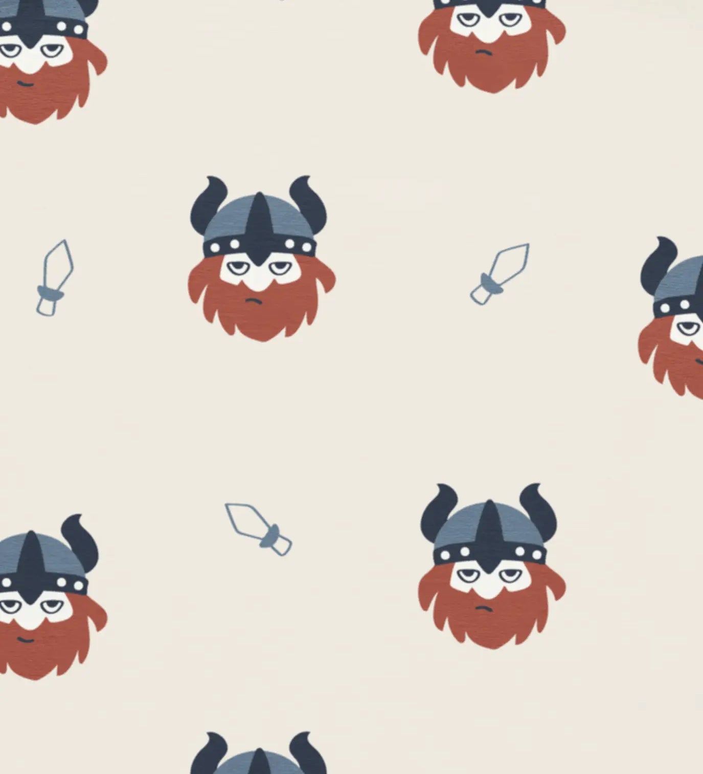 Maxomorra vikings print on organic cotton. Light cream coloured background with all over repeat print featuring red bearded viking wearing a hat with blue dagger sword outlines.