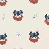 Maxomorra vikings print on organic cotton. Light cream coloured background with all over repeat print featuring red bearded viking wearing a hat with blue dagger sword outlines.