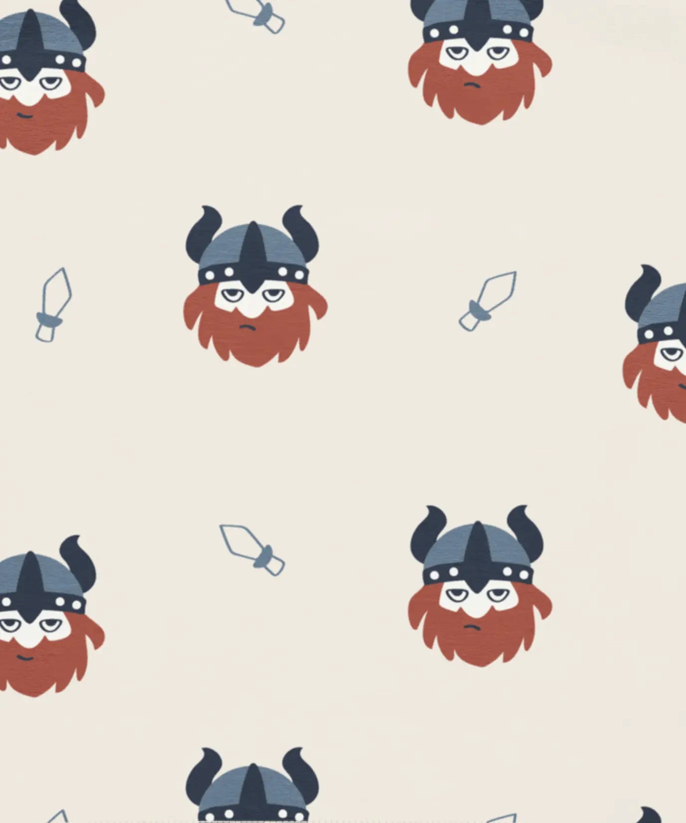Maxomorra vikings print on organic cotton. Light cream coloured background with all over repeat print featuring red bearded viking wearing a hat with blue dagger sword outlines.