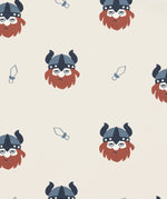 Maxomorra vikings print on organic cotton. Light cream coloured background with all over repeat print featuring red bearded viking wearing a hat with blue dagger sword outlines.