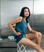 Women wearing the Maxomorra GOTS organic cotton women's tank top vest in solid blue.