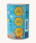 A closeup of the side of the Medenka bath crayons box, that reads "with beeswax, organic pigments, easily washes off". 