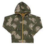 Meyadey Roaming Rhino organic, zip hoodie in deep mossy green with detailed rhino and savannah plants print.