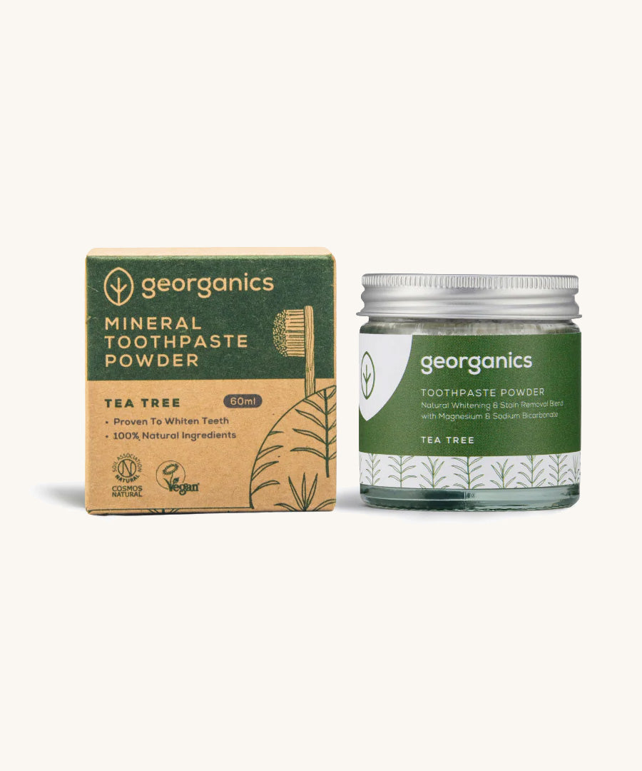  A jar of the tea tree Georganics toothpaste powder with the box