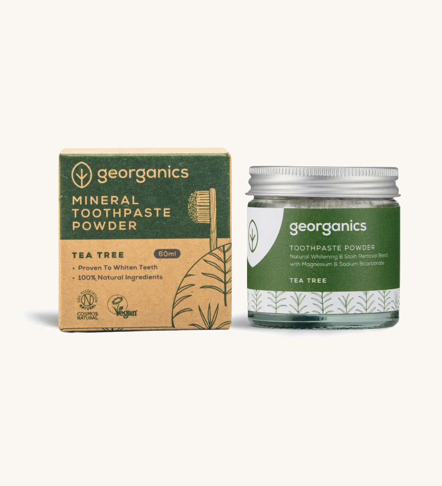  A jar of the tea tree Georganics toothpaste powder with the box