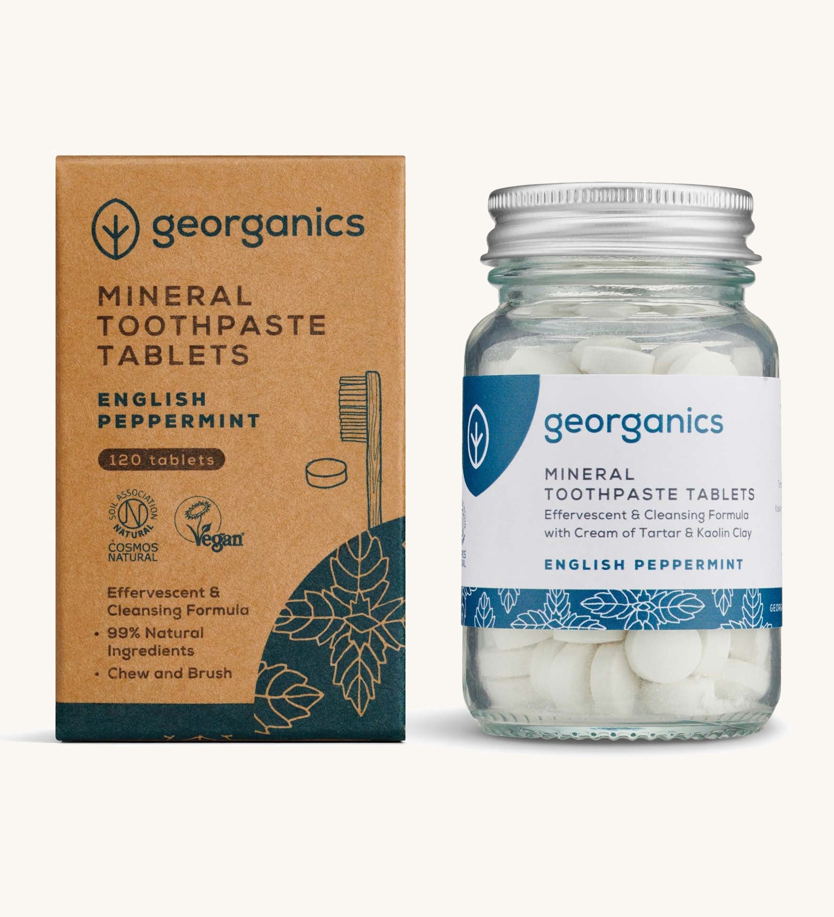 A jar of the Georganics english peppermint toothpaste tablets with the box