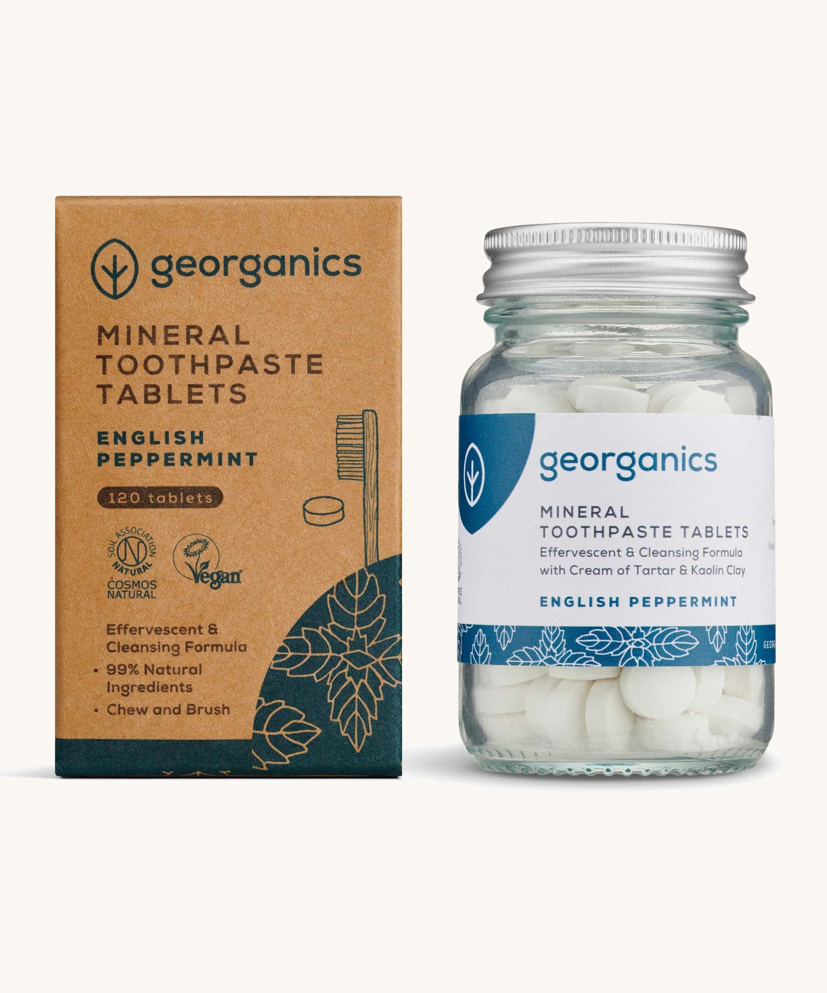 A jar of the Georganics english peppermint toothpaste tablets with the box