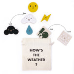 Pieces from the Moon Picnic wooden weather station scattered on a white background above a drawstring bag
