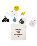 Pieces from the Moon Picnic wooden weather station scattered on a white background above a drawstring bag