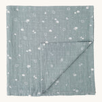 MORI muslin square in blue. 100% organic cotton muslin with cute little prints of clouds and creatures in white