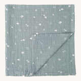 MORI muslin square in blue. 100% organic cotton muslin with cute little prints of clouds and creatures in white