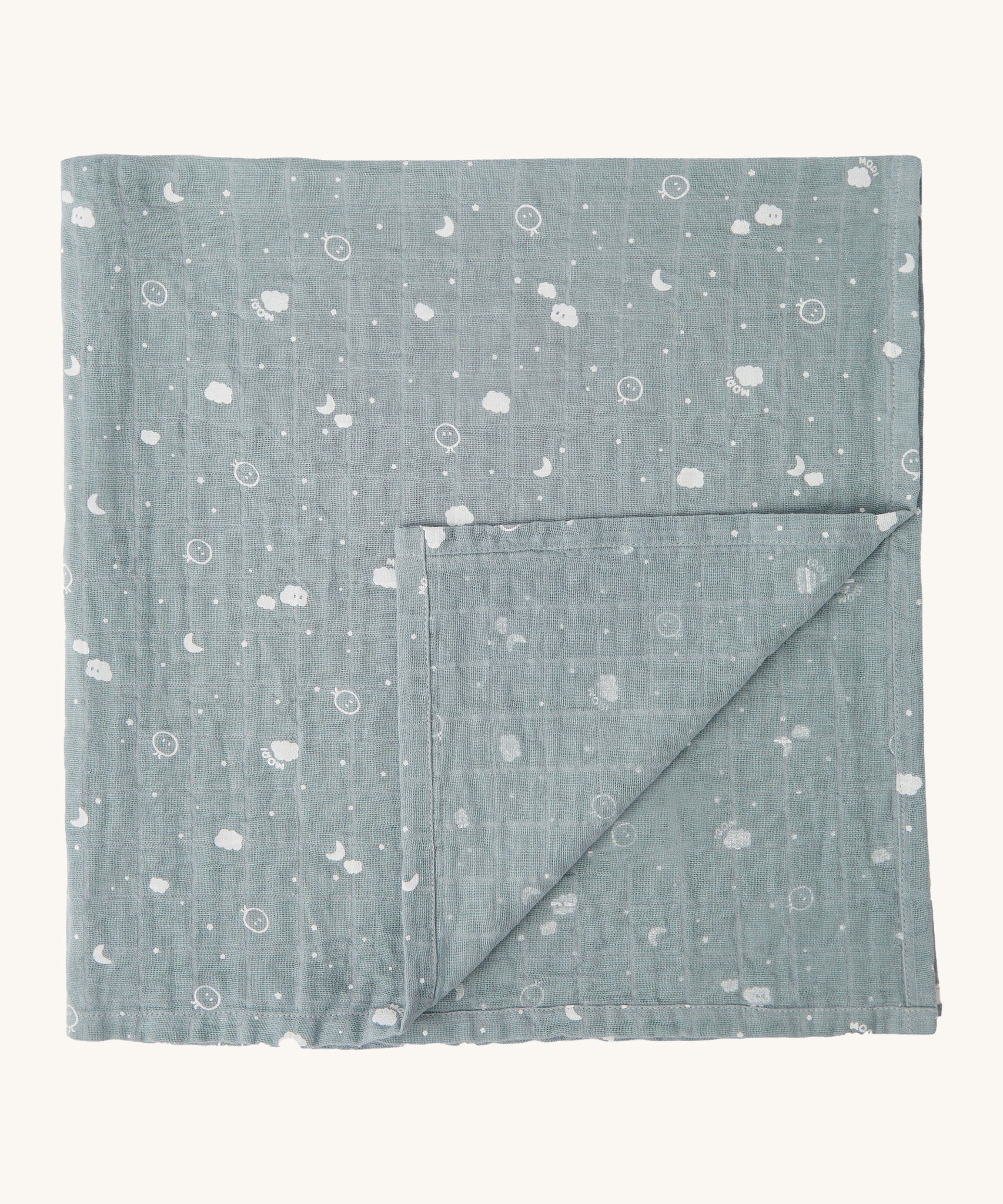 MORI muslin square in blue. 100% organic cotton muslin with cute little prints of clouds and creatures in white