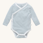 MORI baby kimono bodysuit. 100% organic cotton wrap-style front kimono in blue and white stripe with white trim. Features poppers at the crotch for easy fitting