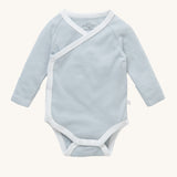 MORI baby kimono bodysuit. 100% organic cotton wrap-style front kimono in blue and white stripe with white trim. Features poppers at the crotch for easy fitting