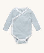MORI baby kimono bodysuit. 100% organic cotton wrap-style front kimono in blue and white stripe with white trim. Features poppers at the crotch for easy fitting