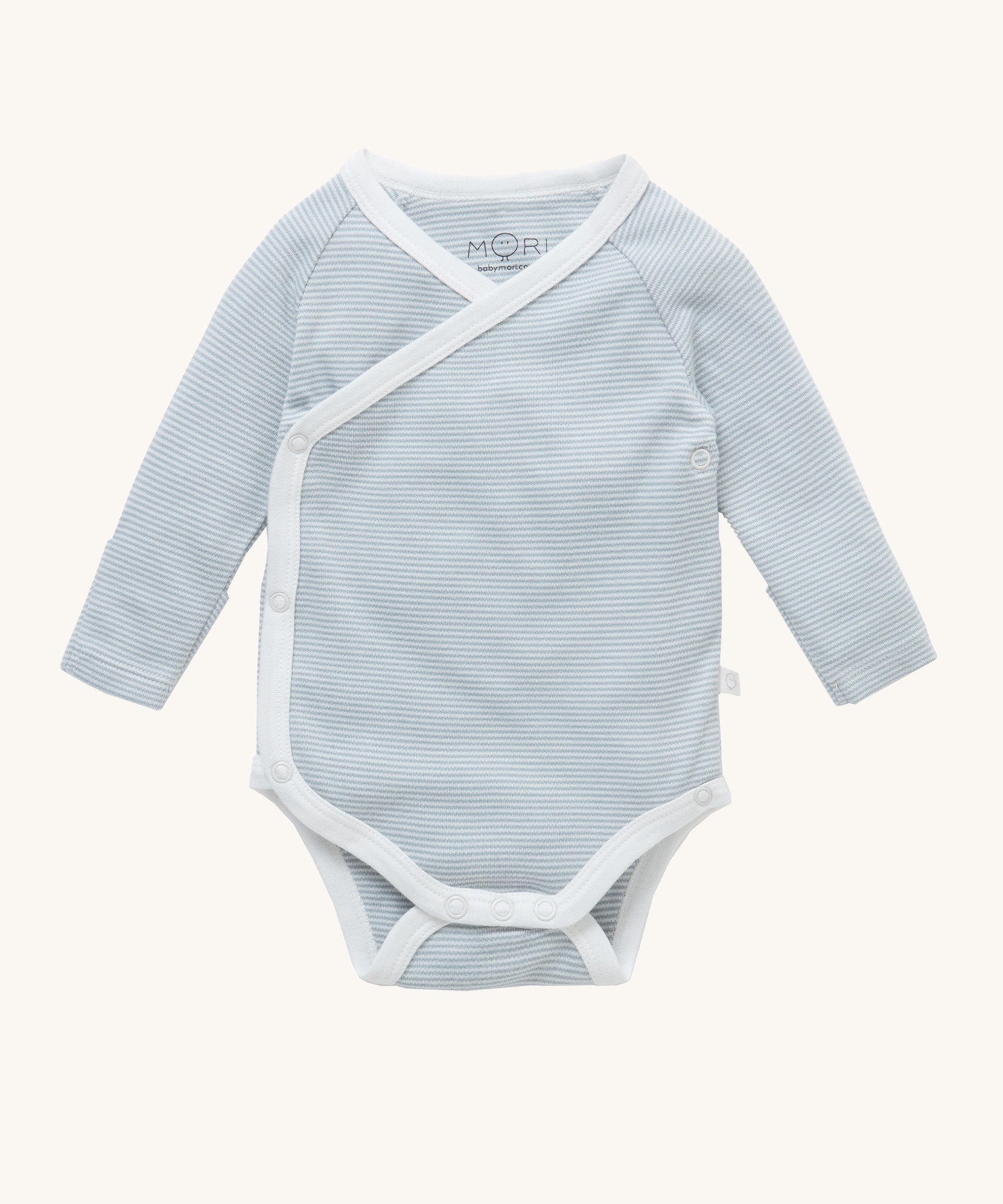 MORI baby kimono bodysuit. 100% organic cotton wrap-style front kimono in blue and white stripe with white trim. Features poppers at the crotch for easy fitting