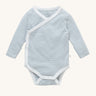 MORI baby kimono bodysuit. 100% organic cotton wrap-style front kimono in blue and white stripe with white trim. Features poppers at the crotch for easy fitting