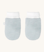 MORI baby mittens. A ribbed style pair of mittens from organic fabric in blue and white stripes. Features a white cuff for a comfortable fit