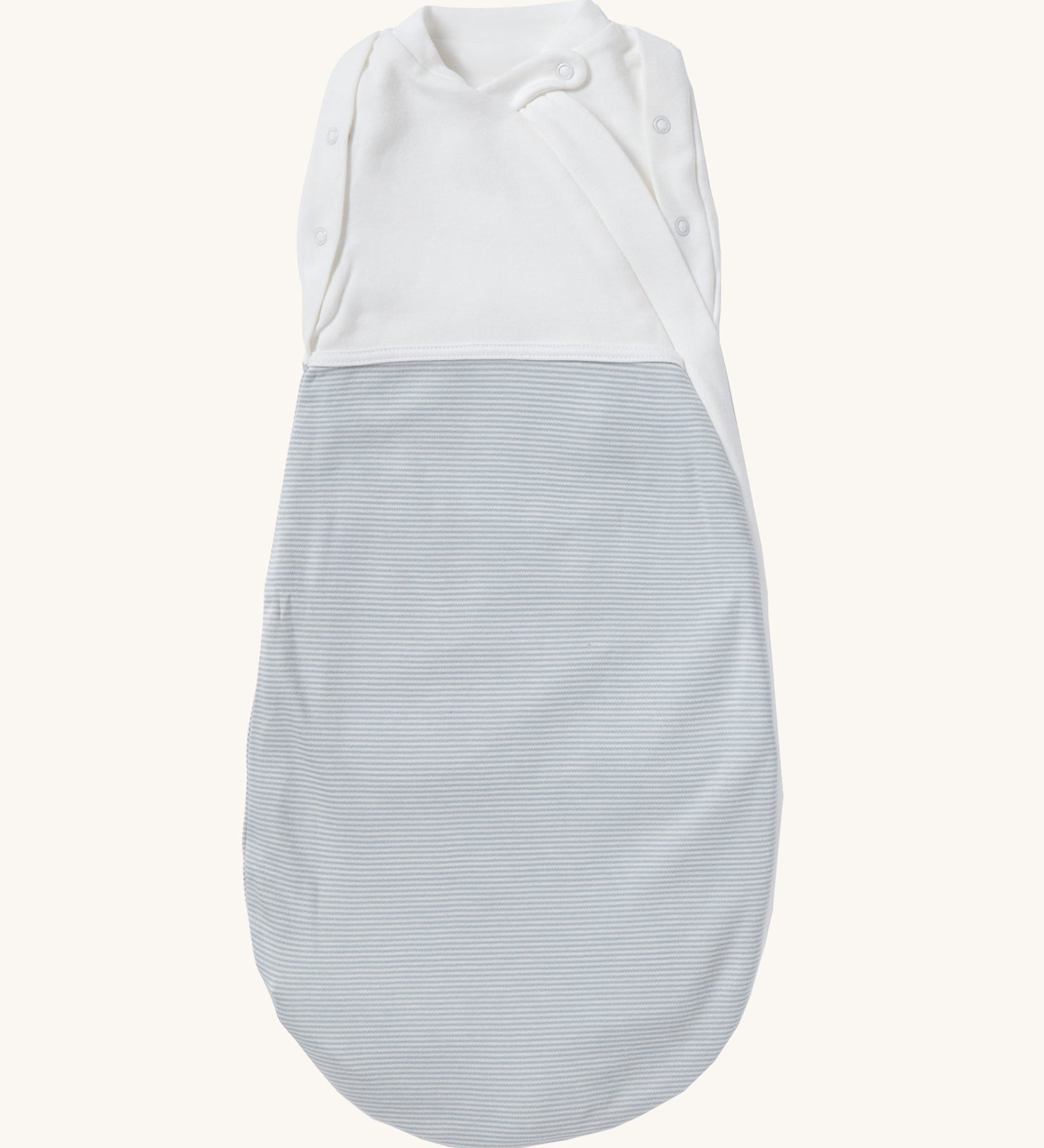 MORI baby swaddle bag. 100% organic bamboo and cotton swaddle in blue and white stripes. Features poppers by the arms and neck for easy fitting.