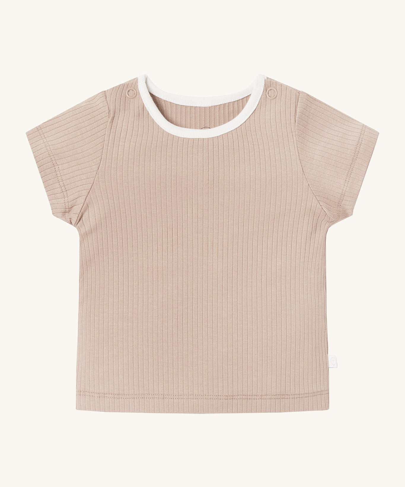 MORI short sleeve t-shirt in blush. A light pink ribbed style short sleeve top made from bamboo and organic cotton. Features poppers at the shoulder for easy fitting and a white neck trim