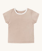 MORI short sleeve t-shirt in blush. A light pink ribbed style short sleeve top made from bamboo and organic cotton. Features poppers at the shoulder for easy fitting and a white neck trim