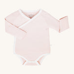 MORI baby kimono bodysuit. 100% organic cotton wrap-style front kimono in pink and white stripe with white trim. Features poppers at the crotch for easy fitting