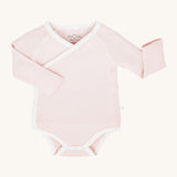 MORI baby kimono bodysuit. 100% organic cotton wrap-style front kimono in pink and white stripe with white trim. Features poppers at the crotch for easy fitting