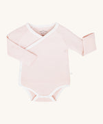MORI baby kimono bodysuit. 100% organic cotton wrap-style front kimono in pink and white stripe with white trim. Features poppers at the crotch for easy fitting
