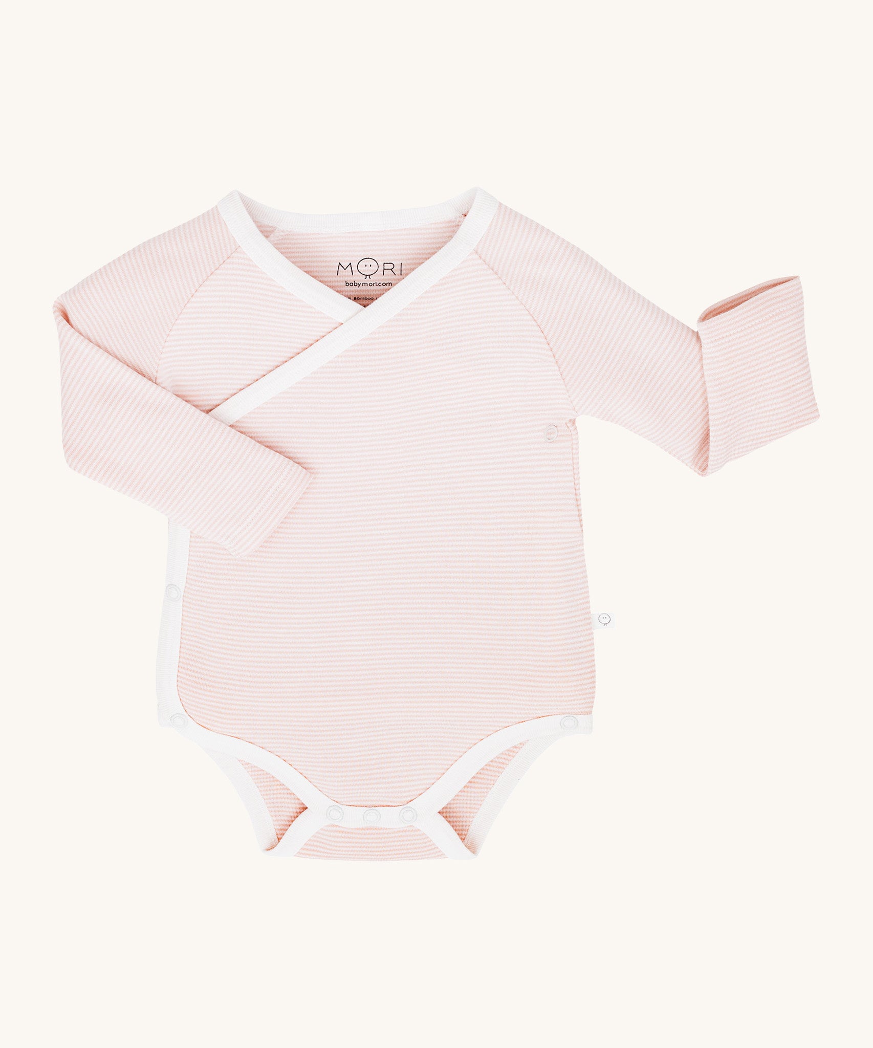 MORI baby kimono bodysuit. 100% organic cotton wrap-style front kimono in pink and white stripe with white trim. Features poppers at the crotch for easy fitting