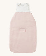 MORI baby sleeping bag in 1.5 TOG. A jersey style baby organic cotton and bamboo sleeping bag in pink and white stripe design. Features a small pocket on the front and popper fasteners on the shoulders for easy fitting.